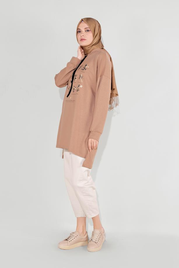 Vêtements hijab BEIGE TUNIQUE IMPRIMÉE À CAPUCHE 8236 - TRENDTESETTÜR
