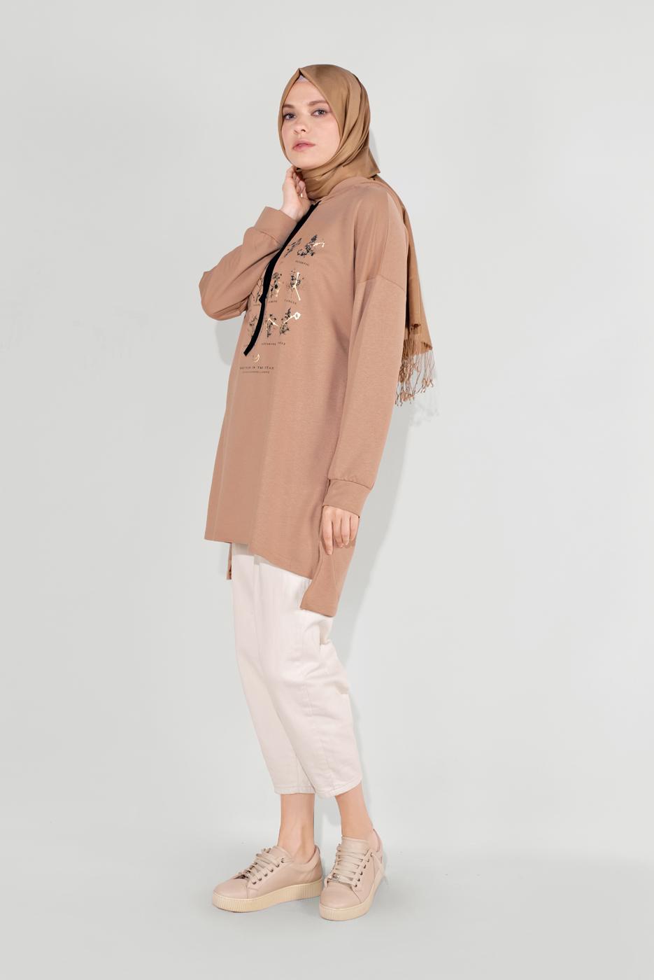 Vêtements hijab BEIGE TUNIQUE IMPRIMÉE À CAPUCHE 8236