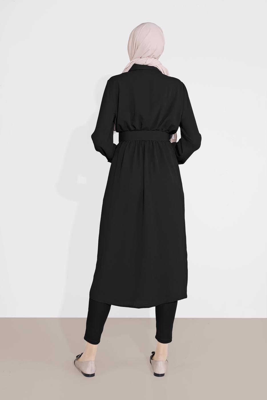 Tesettür giyim SİYAH PAMUKLU GİZLİ DÜĞMELİ SİVRİ YAKA TUNİK 8466 