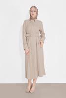 Tesettür giyim BEJ PAMUKLU GİZLİ DÜĞMELİ SİVRİ YAKA TUNİK 8466 