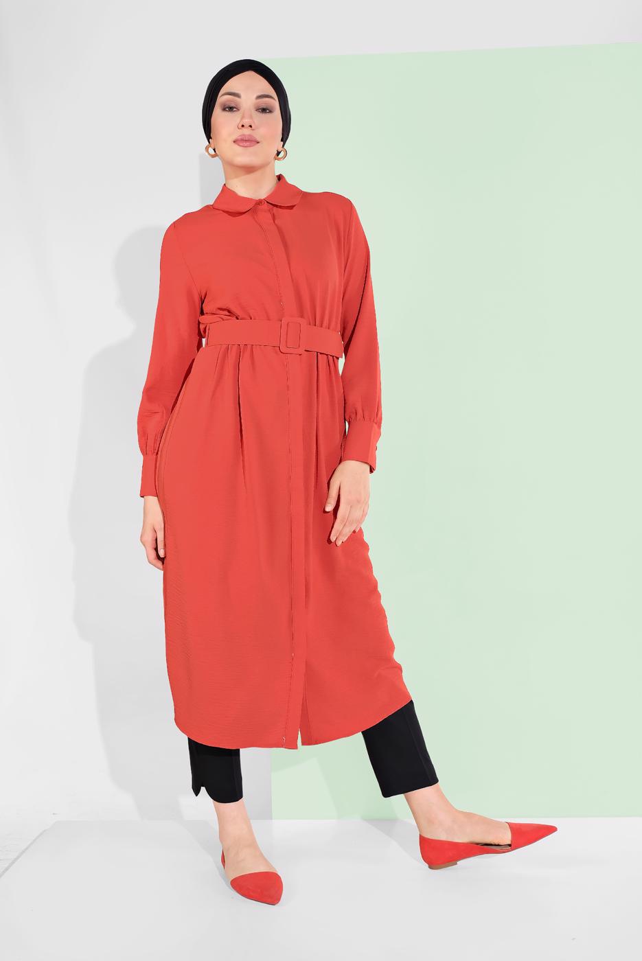 Tesettür giyim TURUNCU PAMUKLU GİZLİ DÜĞMELİ SİVRİ YAKA TUNİK 8466 