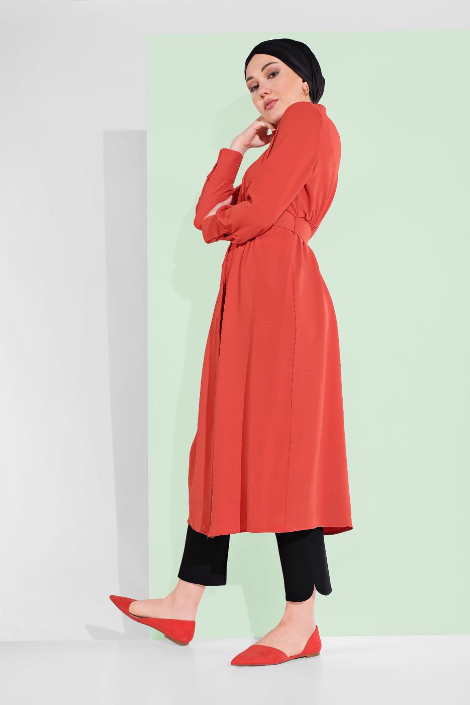 Tesettür giyim TURUNCU PAMUKLU GİZLİ DÜĞMELİ SİVRİ YAKA TUNİK 8466 