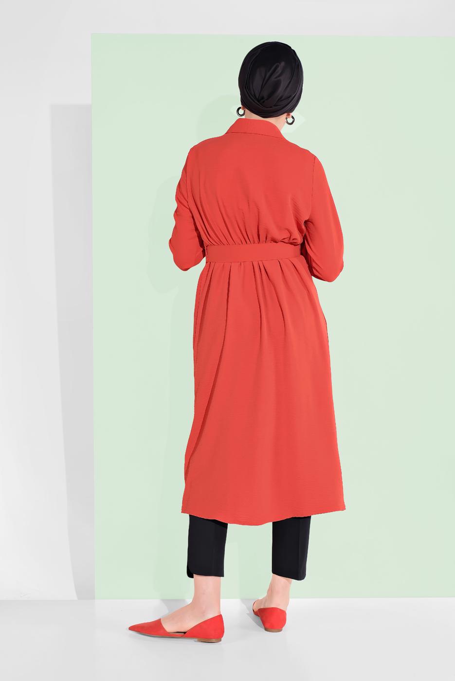 Tesettür giyim TURUNCU PAMUKLU GİZLİ DÜĞMELİ SİVRİ YAKA TUNİK 8466 