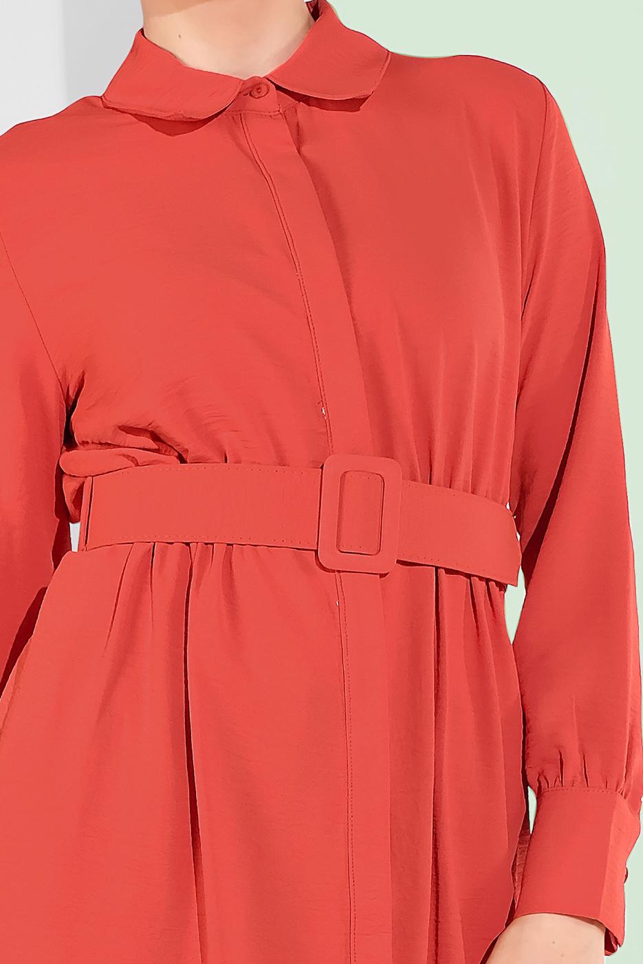 Tesettür giyim TURUNCU PAMUKLU GİZLİ DÜĞMELİ SİVRİ YAKA TUNİK 8466 