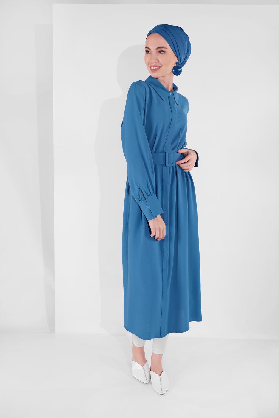 Tesettür giyim LACİVERT PAMUKLU GİZLİ DÜĞMELİ SİVRİ YAKA TUNİK 8466 