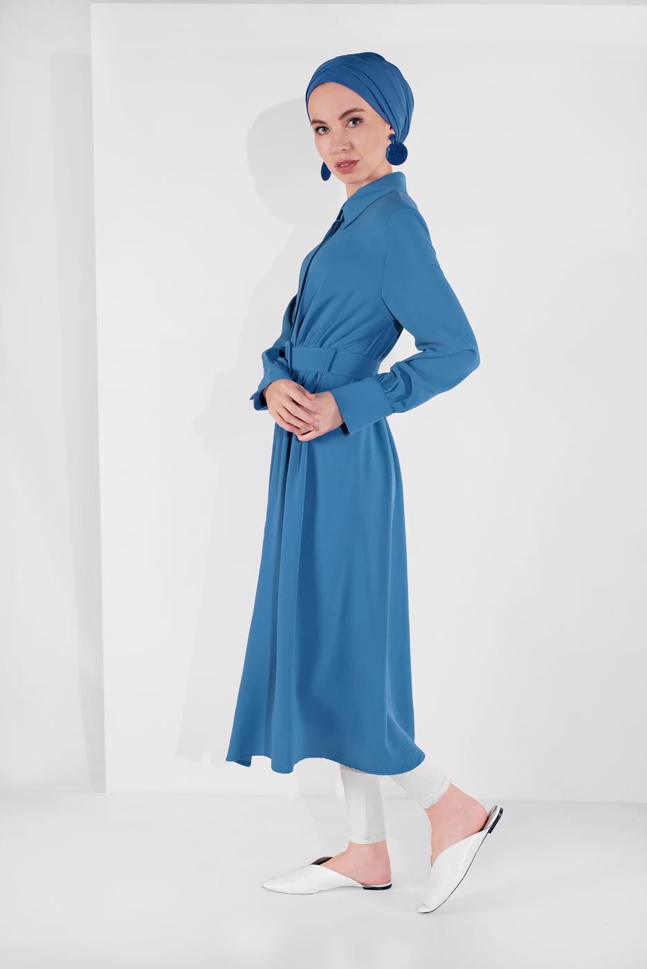 Tesettür giyim LACİVERT PAMUKLU GİZLİ DÜĞMELİ SİVRİ YAKA TUNİK 8466 