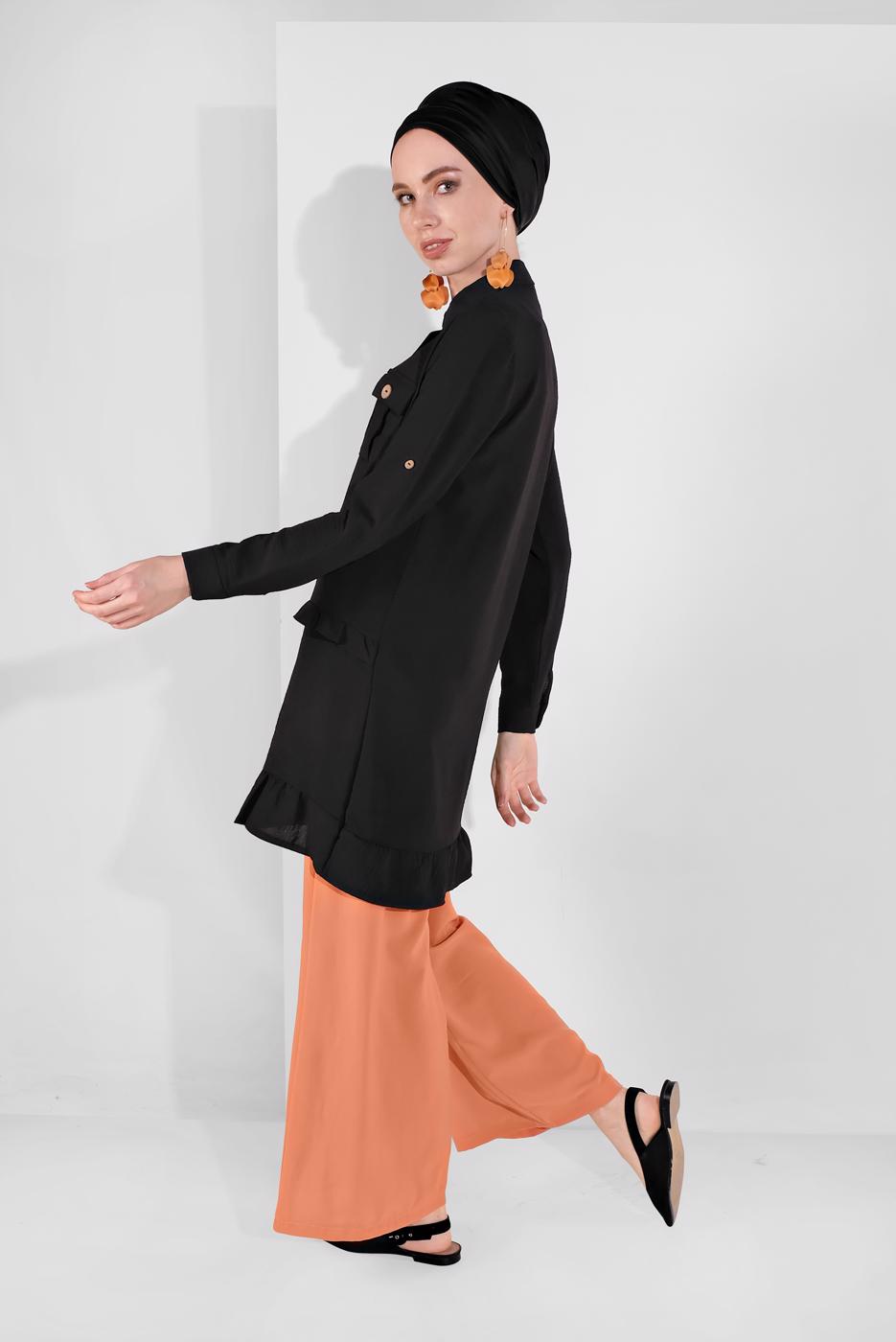 Hijab clothing BLACK BUTTON-TRIMMED TUNIC 9005 