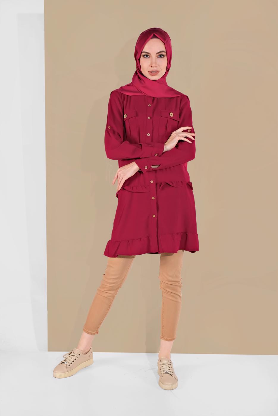 Tesettür giyim BORDO BOYDAN DÜĞMELİ CEPLİ TUNİK 9005 