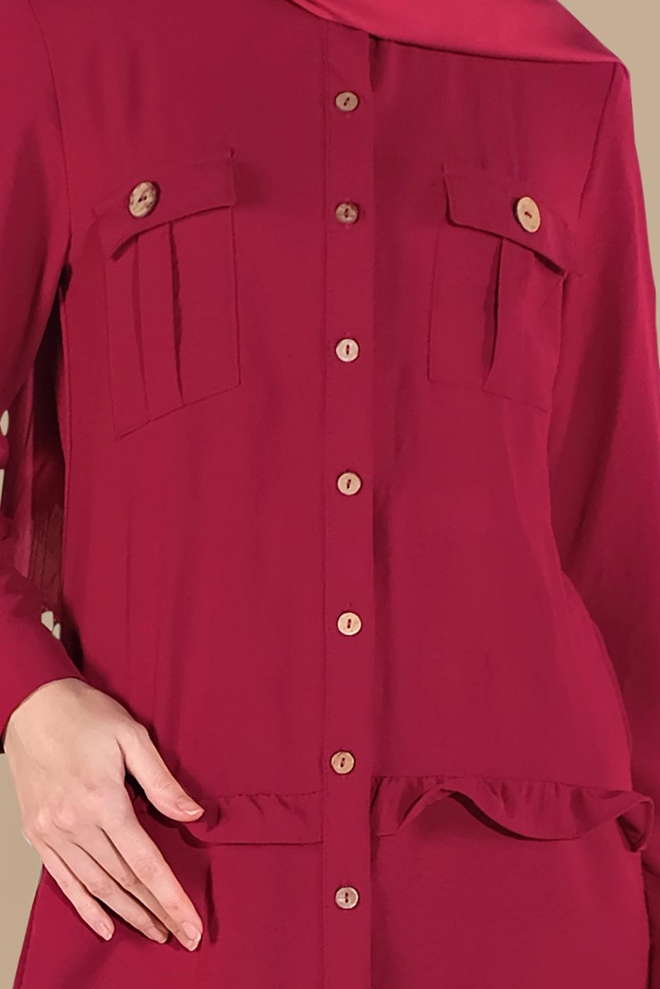 Tesettür giyim BORDO BOYDAN DÜĞMELİ CEPLİ TUNİK 9005 