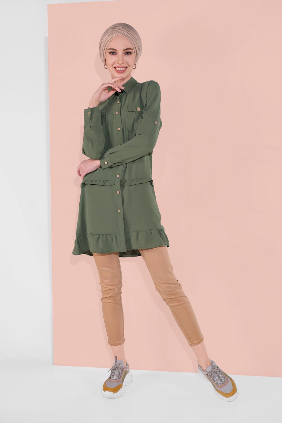 Hijab clothing KHAKI BUTTON-TRIMMED TUNIC 9005 