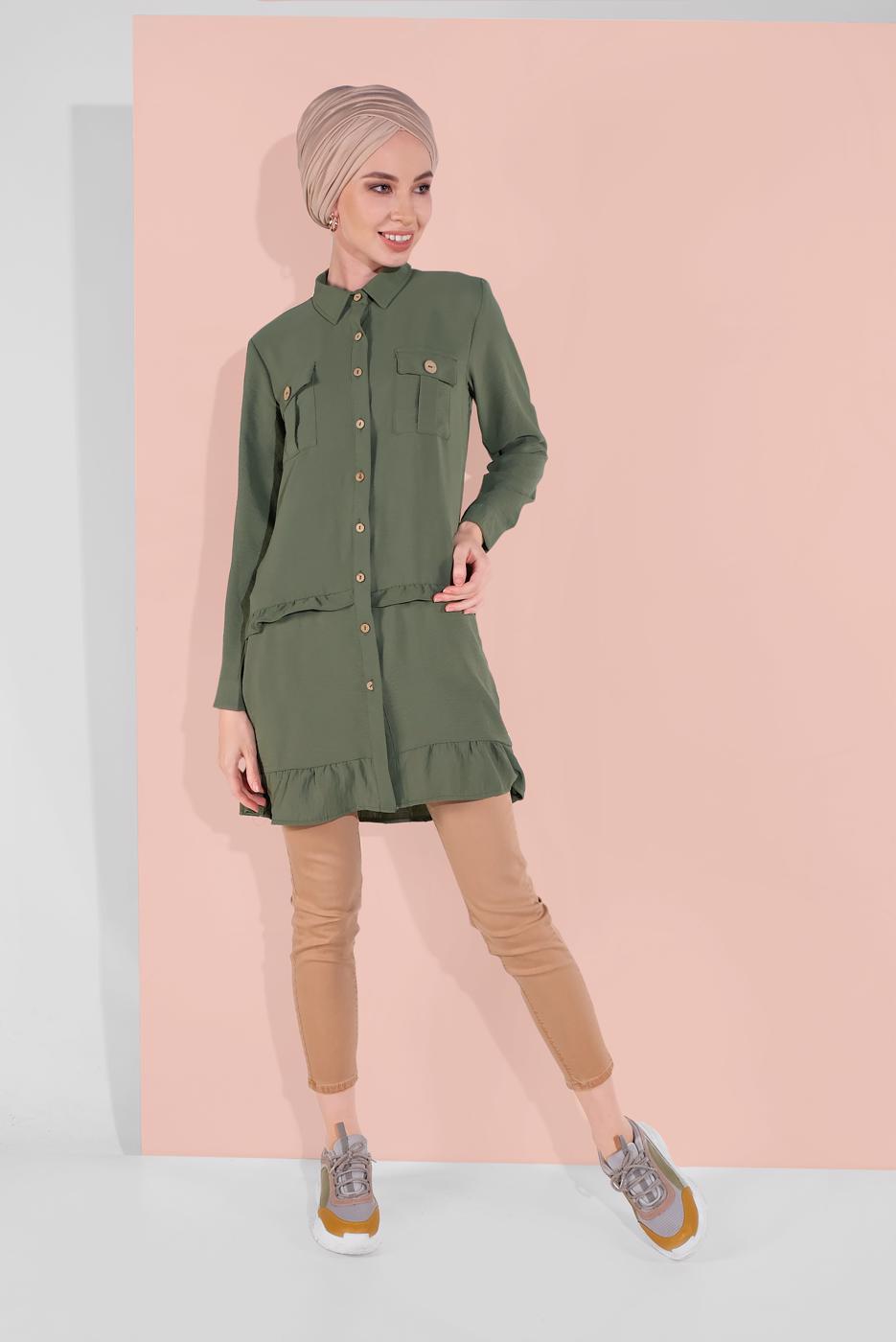 Hijab clothing KHAKI BUTTON-TRIMMED TUNIC 9005 