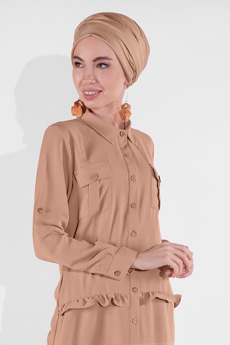 Hijab clothing BEIGE BUTTON-TRIMMED TUNIC 9005 