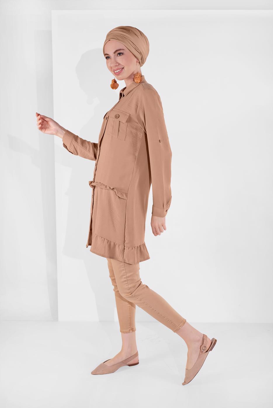 Hijab clothing BEIGE BUTTON-TRIMMED TUNIC 9005 