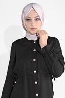 Tesettür giyim SİYAH BELDEN BÜZGÜLÜ DÜĞMELİ TUNİK 9155