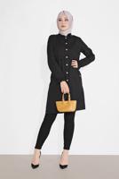 Tesettür giyim SİYAH BELDEN BÜZGÜLÜ DÜĞMELİ TUNİK 9155