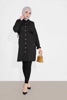Tesettür giyim SİYAH BELDEN BÜZGÜLÜ DÜĞMELİ TUNİK 9155
