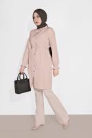 Tesettür giyim BEJ BELDEN BÜZGÜLÜ DÜĞMELİ TUNİK 9155