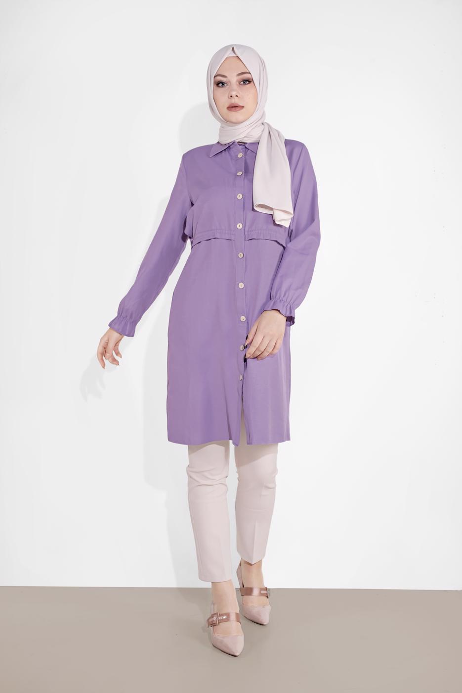 Tesettür giyim MOR BELDEN BÜZGÜLÜ DÜĞMELİ TUNİK 9155
