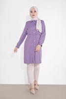 Tesettür giyim MOR BELDEN BÜZGÜLÜ DÜĞMELİ TUNİK 9155