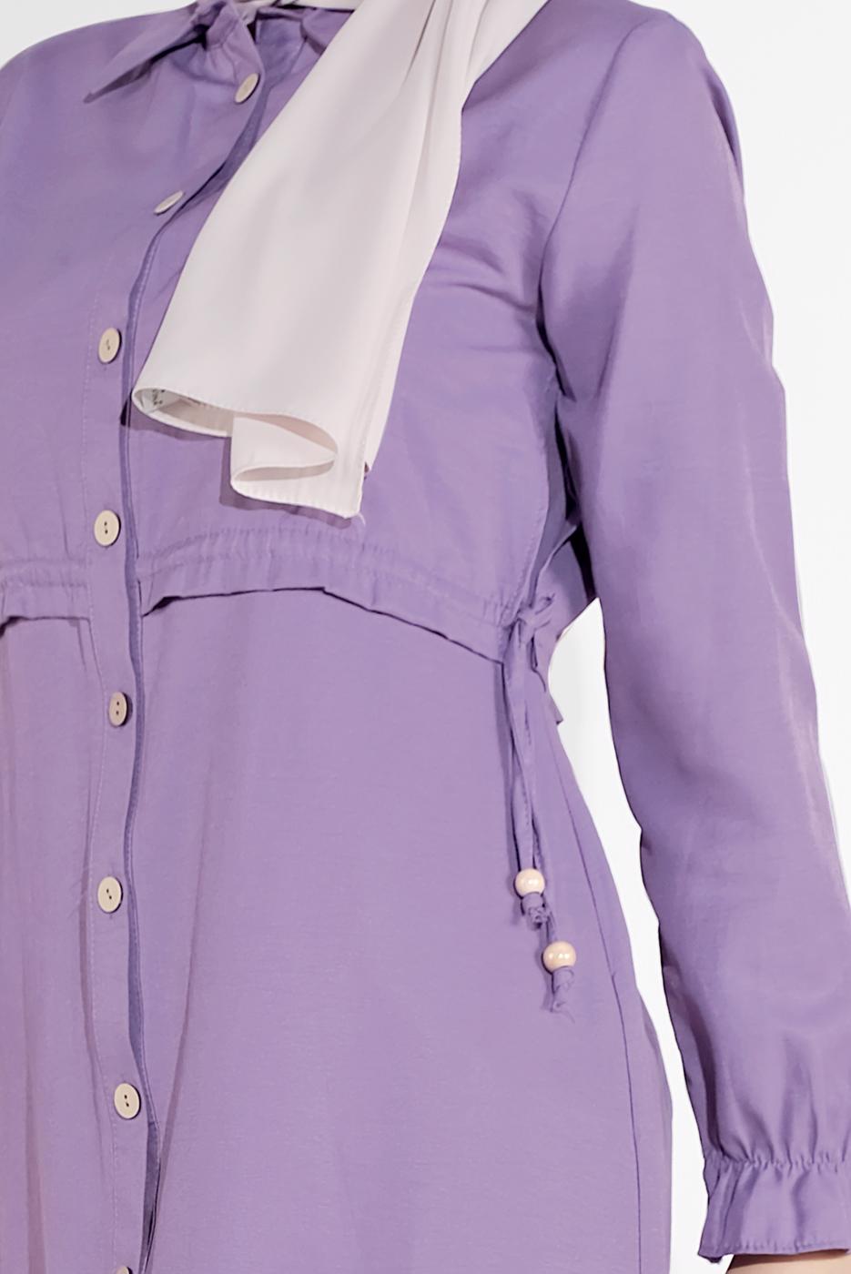 Tesettür giyim MOR BELDEN BÜZGÜLÜ DÜĞMELİ TUNİK 9155