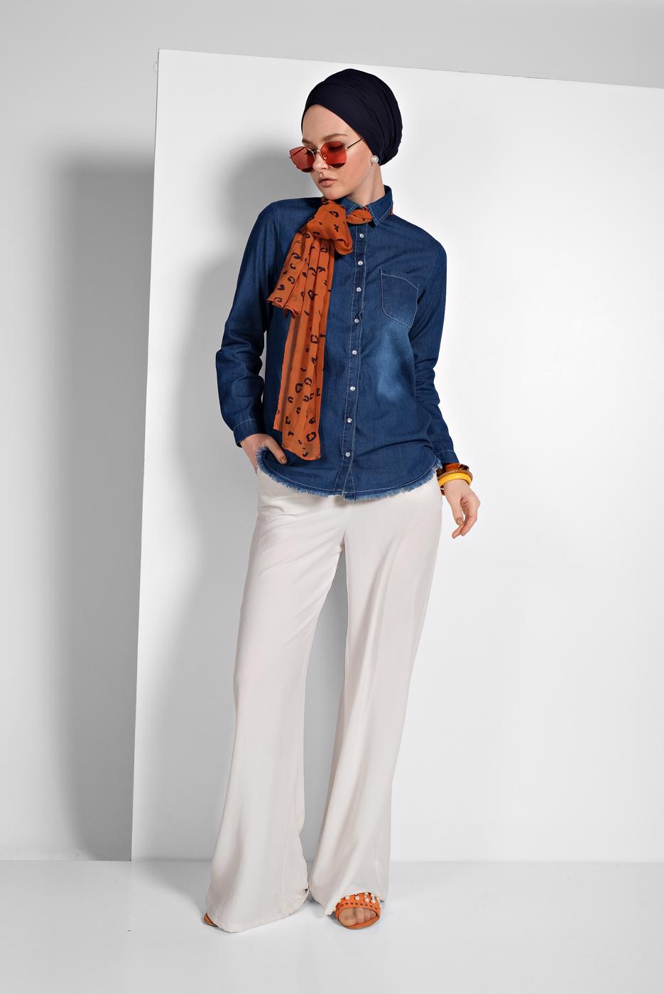 Vêtements hijab BLEU MARINE CHEMISE EN JEAN À BOUTONS PRESSIONS 9233