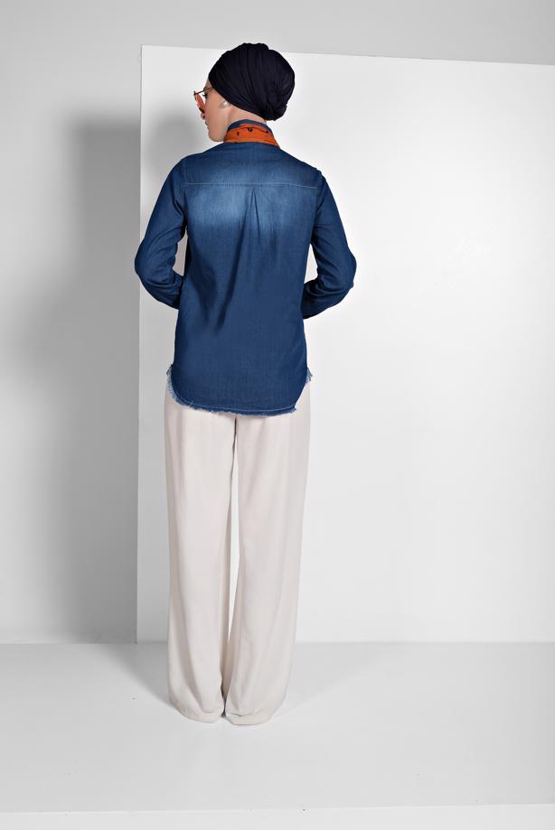 Tesettür giyim LACİVERT ÇITÇITLI DENİM BLUZ 9233 - TRENDTESETTÜR