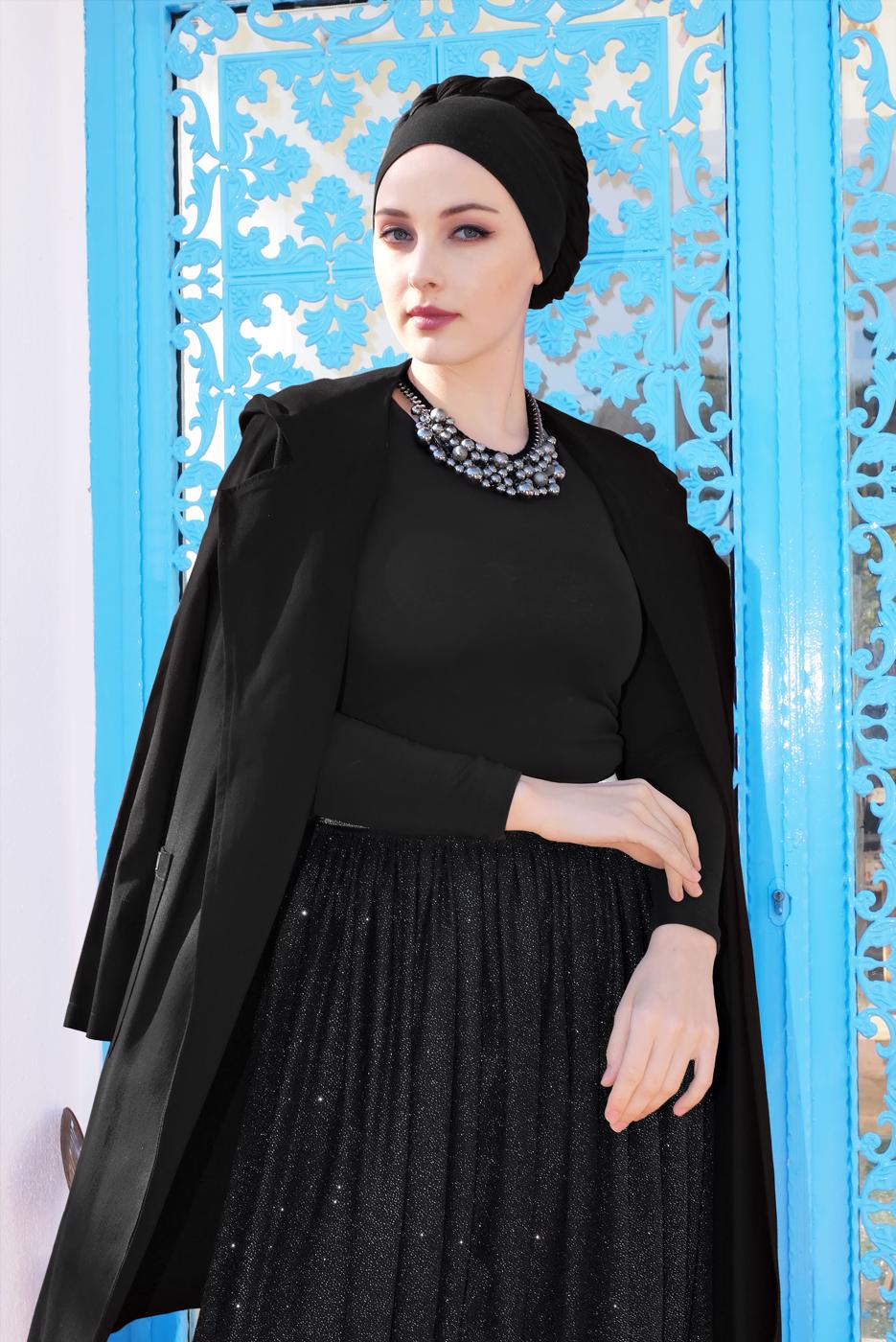 Tesettür giyim SİYAH PAMUKLU CEPLİ KAPÜŞONLU TRENÇKOT 58107