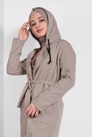 Tesettür giyim BEJ PAMUKLU CEPLİ KAPÜŞONLU TRENÇKOT 58107
