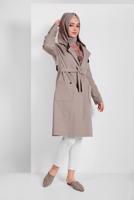 Tesettür giyim BEJ PAMUKLU CEPLİ KAPÜŞONLU TRENÇKOT 58107