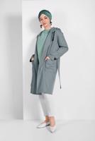 Tesettür giyim YEŞİL PAMUKLU CEPLİ KAPÜŞONLU TRENÇKOT 58107