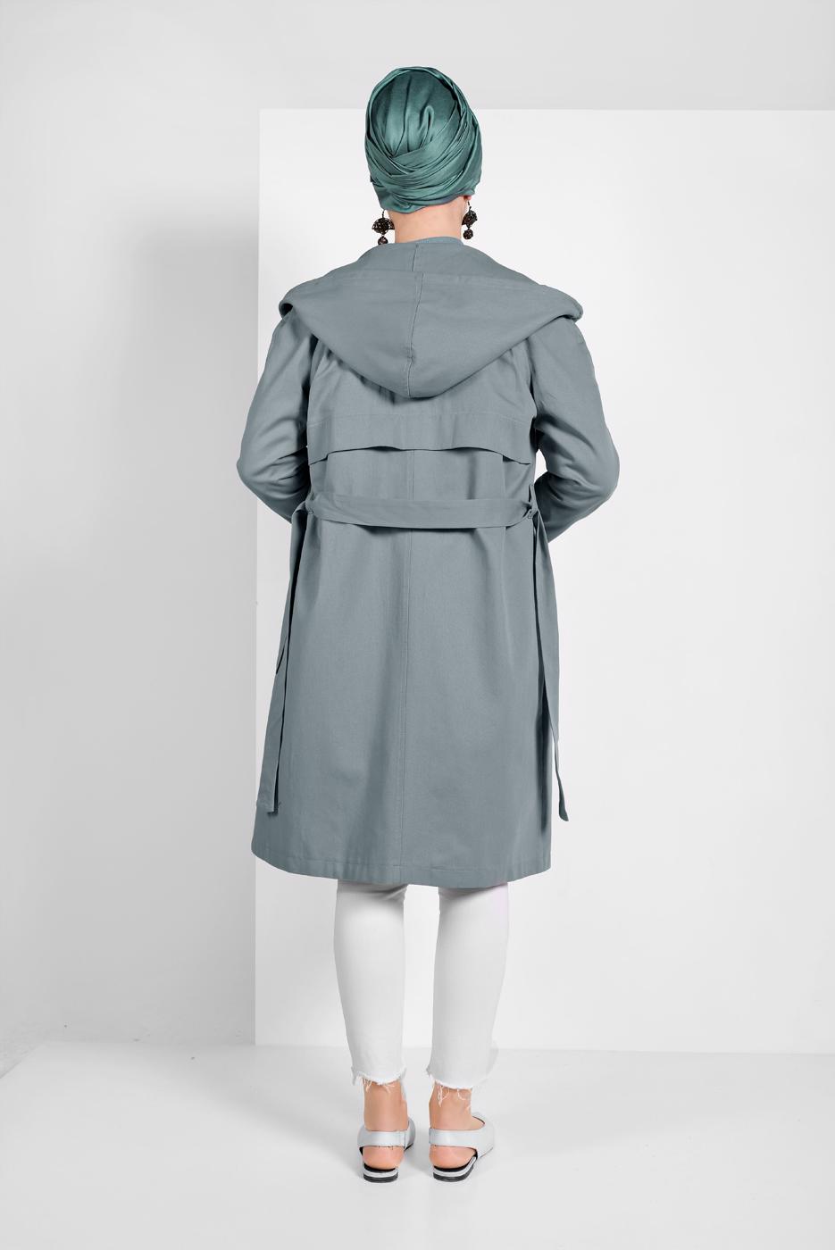 Tesettür giyim YEŞİL PAMUKLU CEPLİ KAPÜŞONLU TRENÇKOT 58107