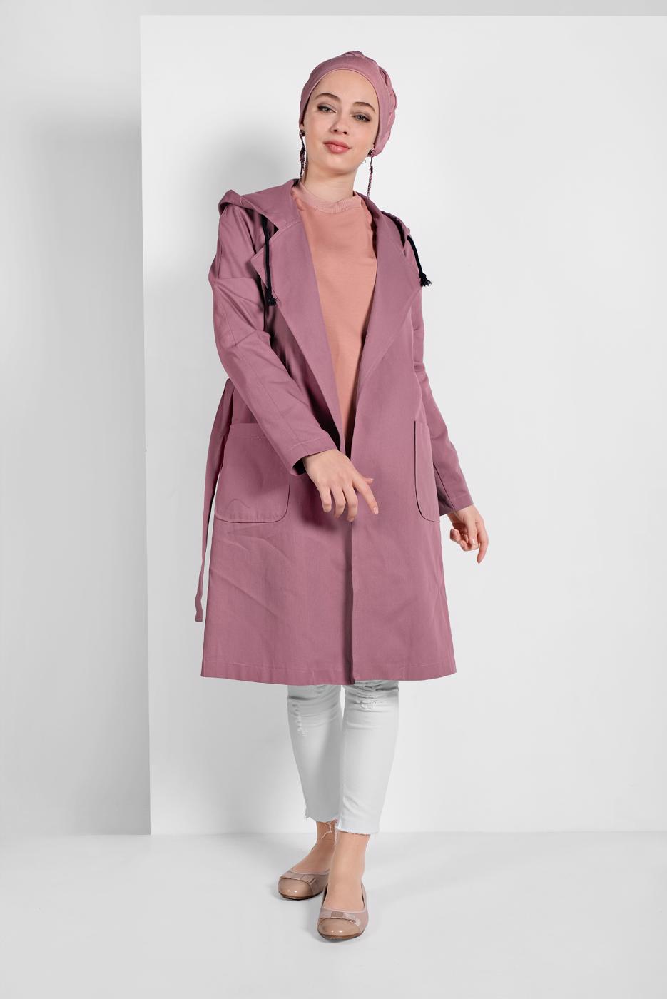 Tesettür giyim PEMBE PAMUKLU CEPLİ KAPÜŞONLU TRENÇKOT 58107