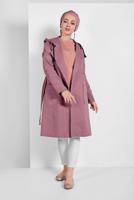 Tesettür giyim PEMBE PAMUKLU CEPLİ KAPÜŞONLU TRENÇKOT 58107