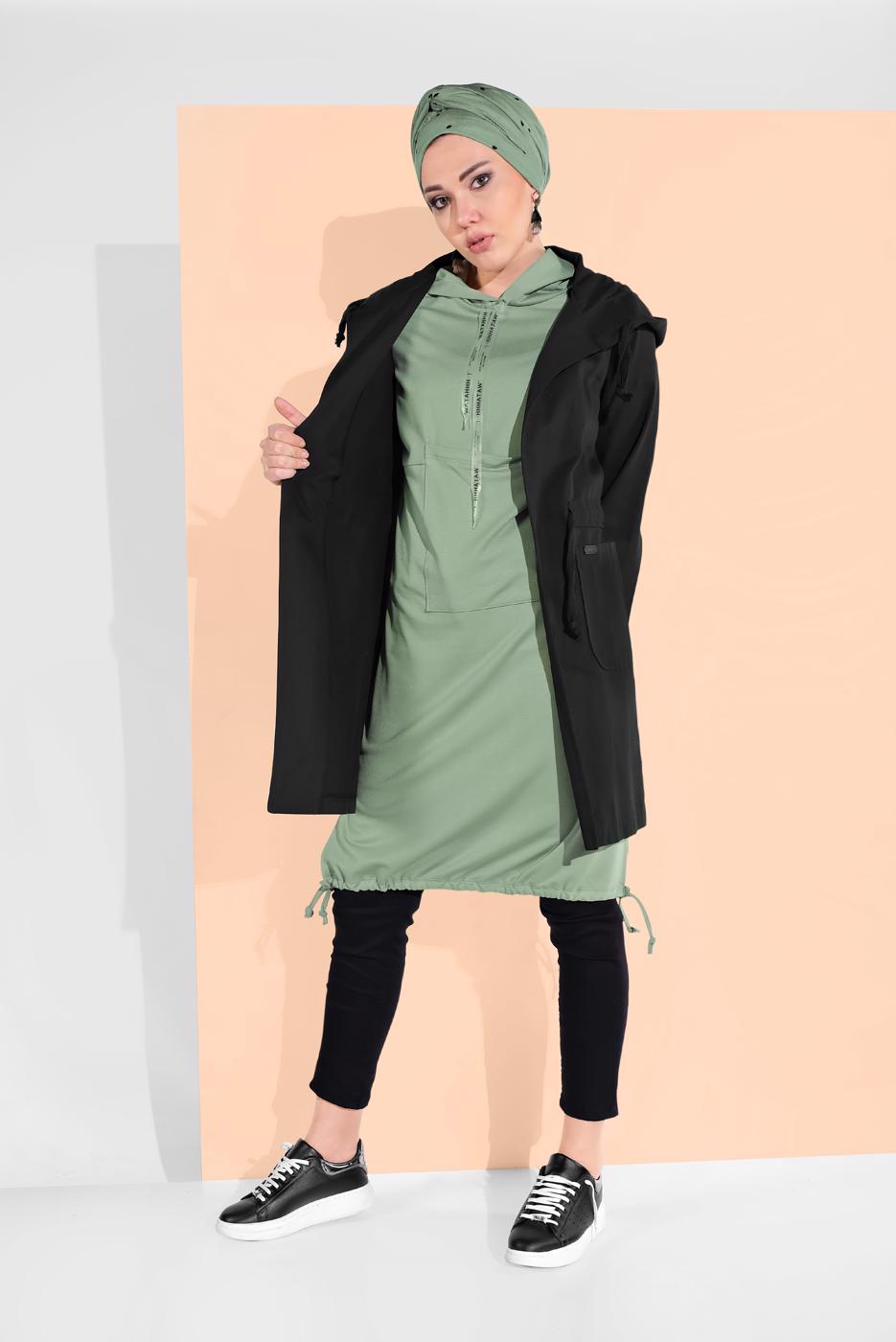 Tesettür giyim SİYAH BELİ BÜZGÜLÜ TRENÇKOT 67107