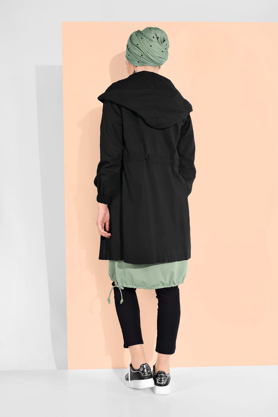 Tesettür giyim SİYAH BELİ BÜZGÜLÜ TRENÇKOT 67107