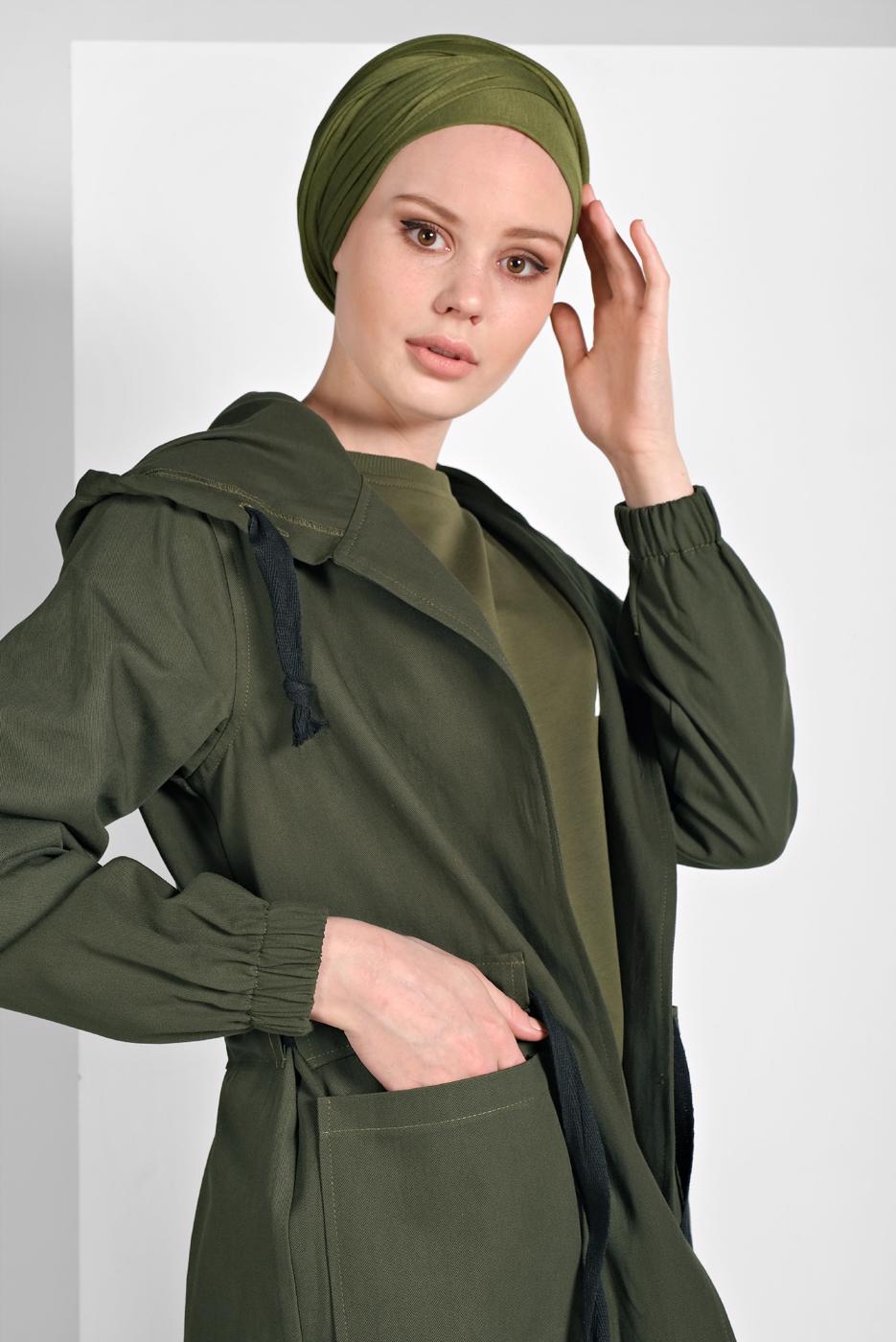 Tesettür giyim HAKİ BELİ BÜZGÜLÜ TRENÇKOT 67107