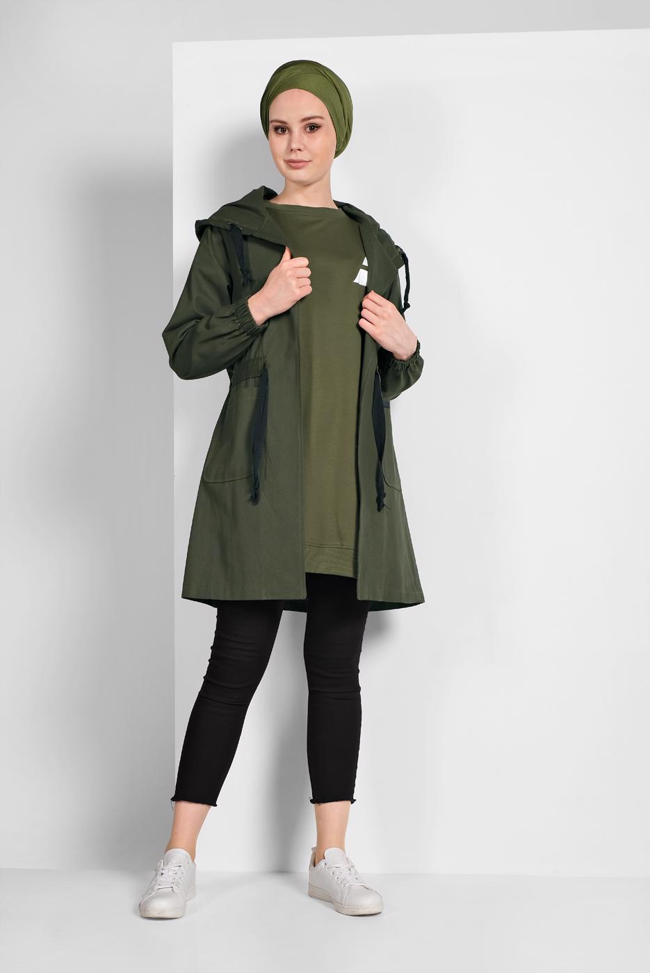 Tesettür giyim HAKİ BELİ BÜZGÜLÜ TRENÇKOT 67107