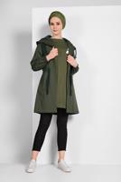 Tesettür giyim HAKİ BELİ BÜZGÜLÜ TRENÇKOT 67107