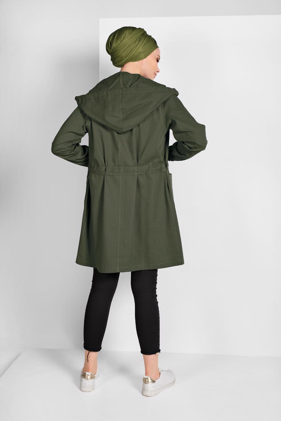 Tesettür giyim HAKİ BELİ BÜZGÜLÜ TRENÇKOT 67107