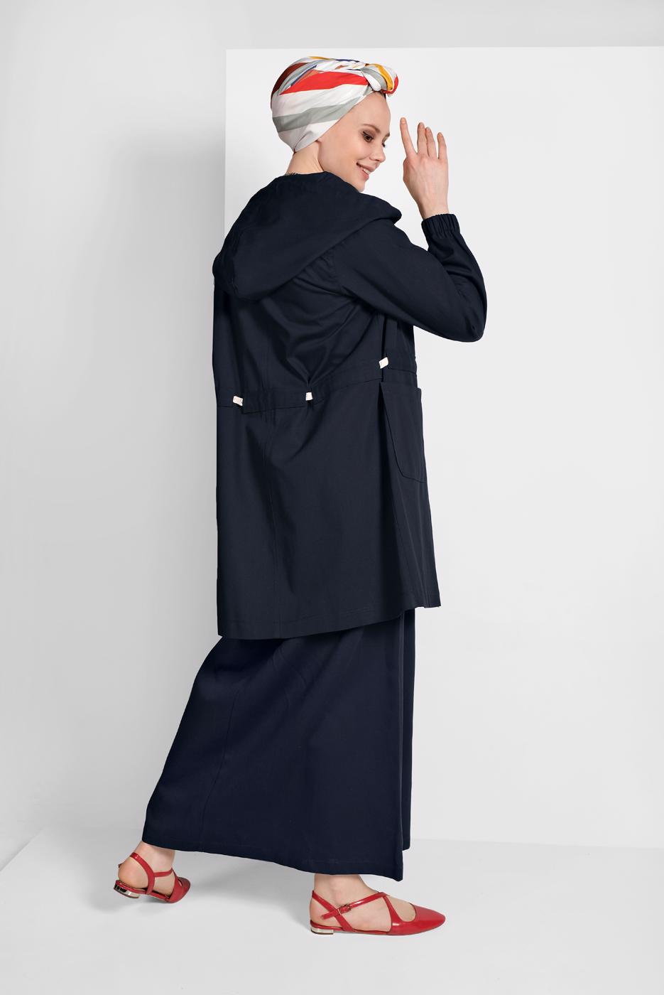 Hijab clothing NAVY BLUE SMOCKED-WAIST TRENCH-COAT 67107