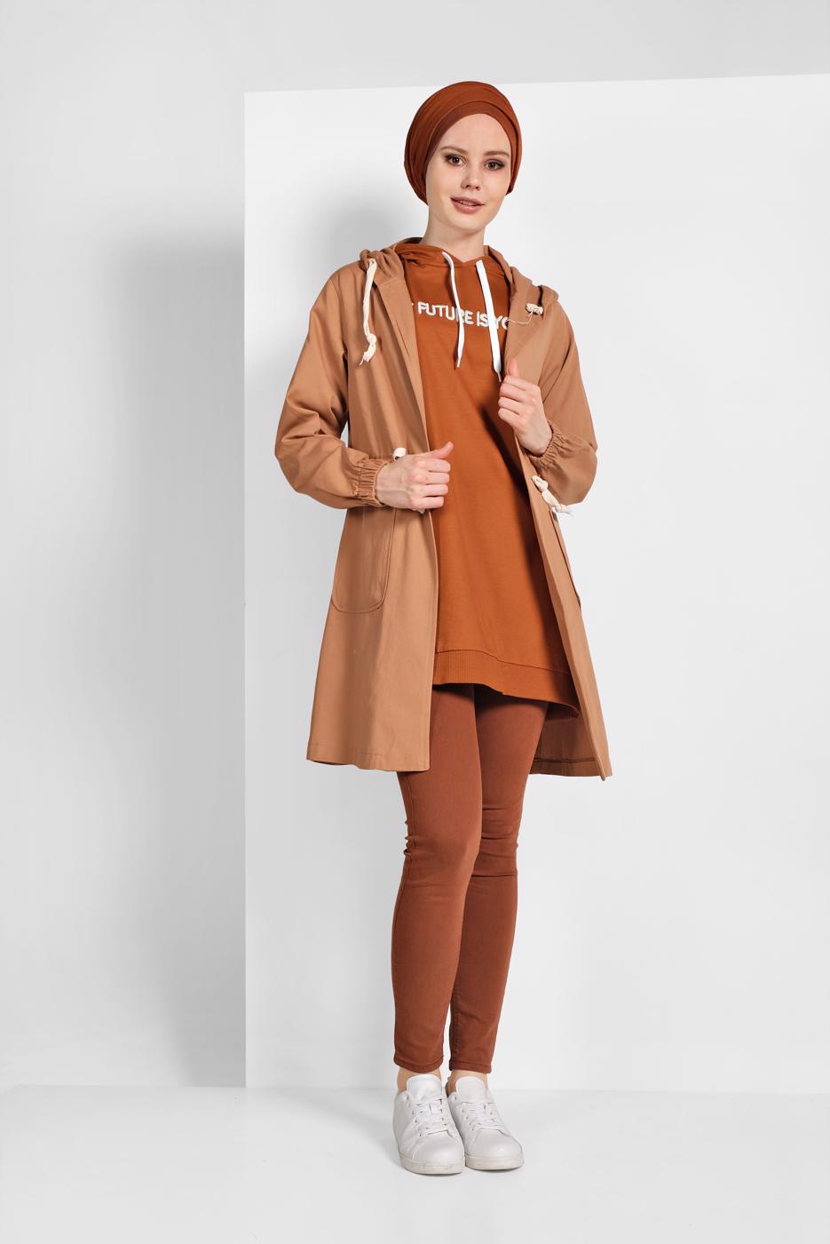 Hijab clothing BROWN SMOCKED-WAIST TRENCH-COAT 67107