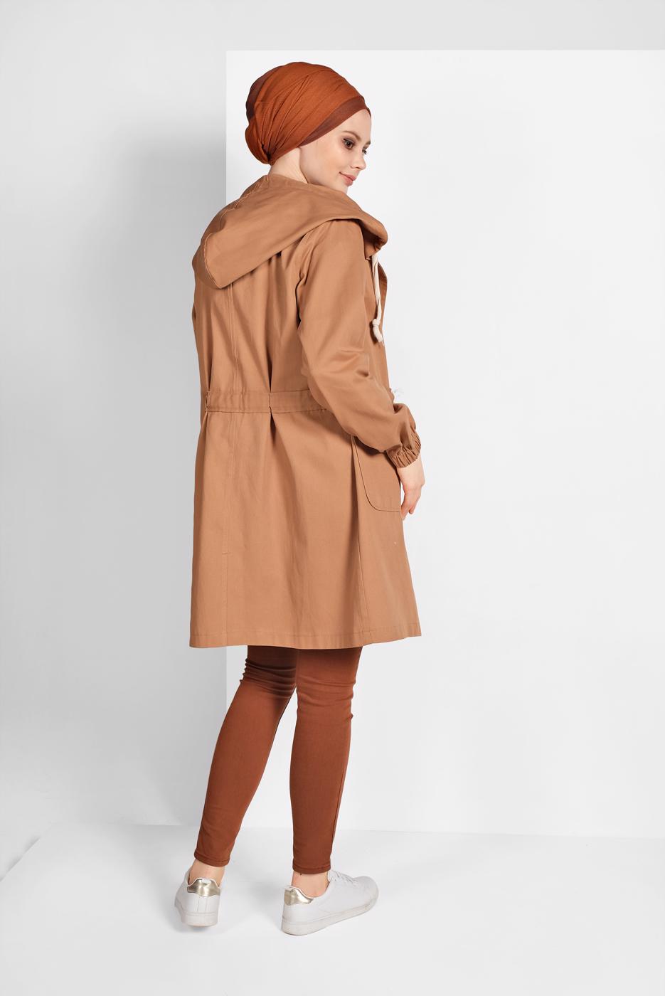 Hijab clothing BROWN SMOCKED-WAIST TRENCH-COAT 67107