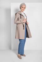 Tesettür giyim BEJ BELİ BÜZGÜLÜ TRENÇKOT 67107