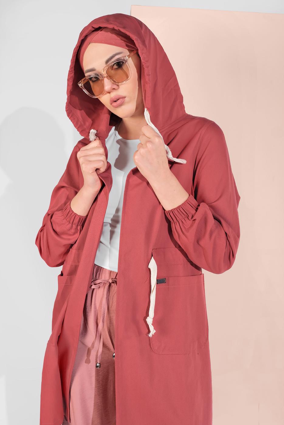 Tesettür giyim TURUNCU BELİ BÜZGÜLÜ TRENÇKOT 67107