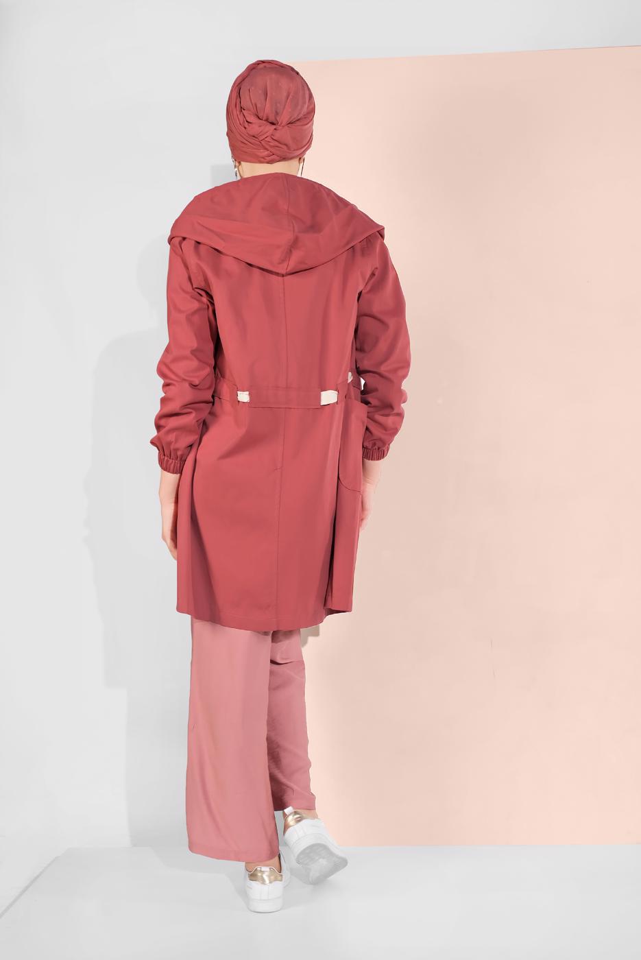 Tesettür giyim TURUNCU BELİ BÜZGÜLÜ TRENÇKOT 67107