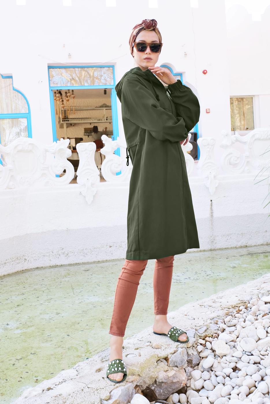 Tesettür giyim HAKİ FERMUARLI TRENÇKOT 68107