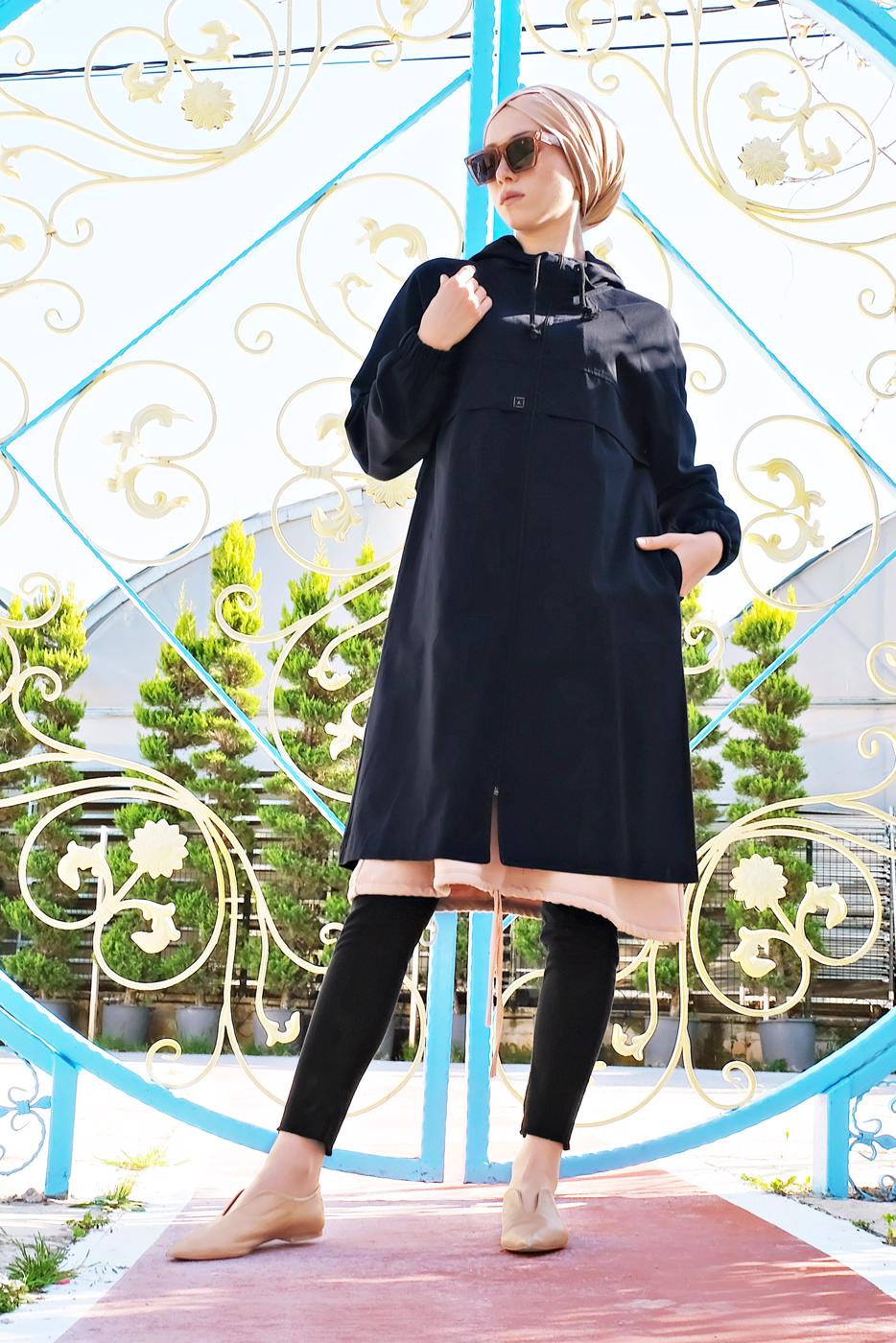 Tesettür giyim LACİVERT FERMUARLI TRENÇKOT 68107