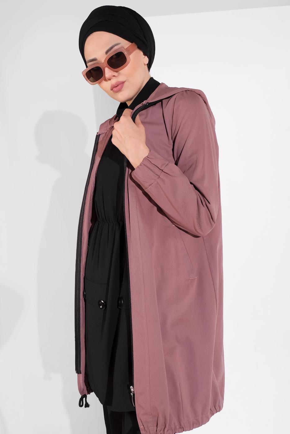 Tesettür giyim PEMBE CEP DETAYLI ETEK UCU LASTİKLİ TRENÇKOT 78107
