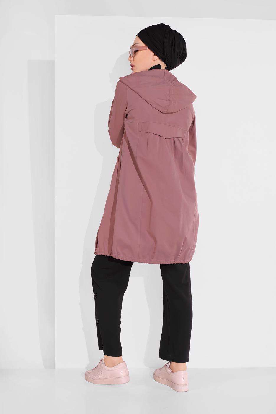 Tesettür giyim PEMBE CEP DETAYLI ETEK UCU LASTİKLİ TRENÇKOT 78107