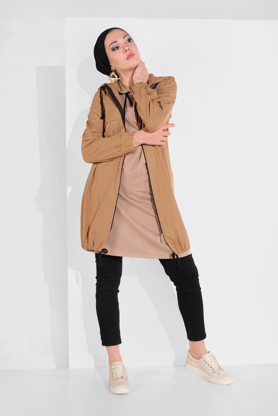 Tesettür giyim TABA CEP DETAYLI ETEK UCU LASTİKLİ TRENÇKOT 78107